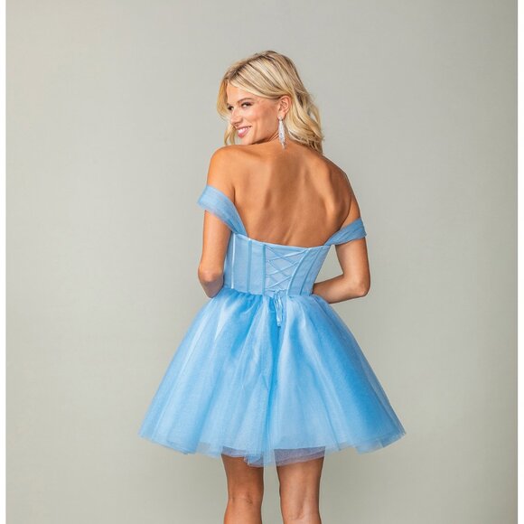 New Lilac Off The Shoulder Fit & Flare Homecoming Dress w/ Boned Bodice DQ 3394 - Picture 4 of 9